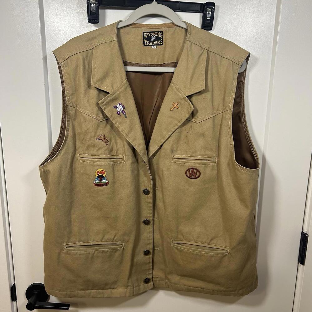 Wyoming Traders Vest Mens XL Canvas Snap Up Western Texas Ranger Brown Patches